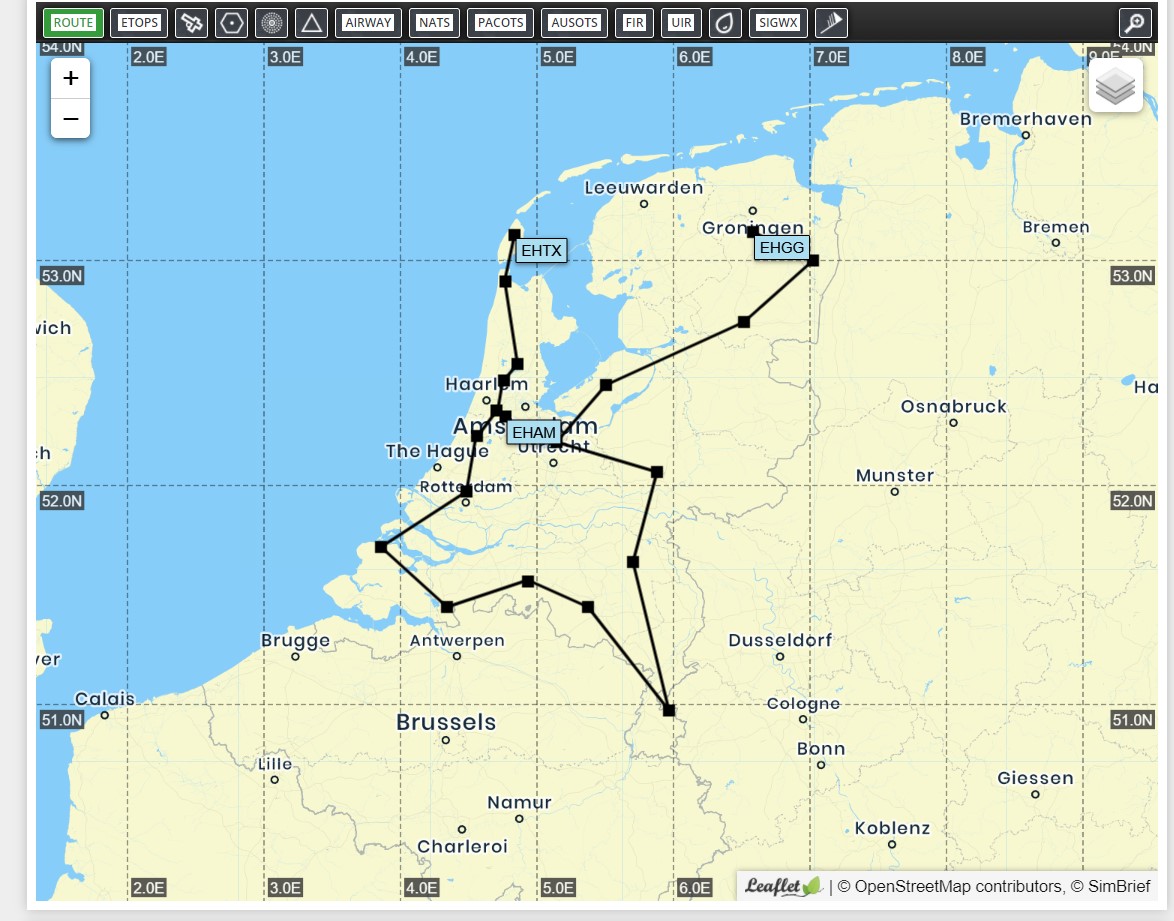 Flight plan round trip through the Netherlands
